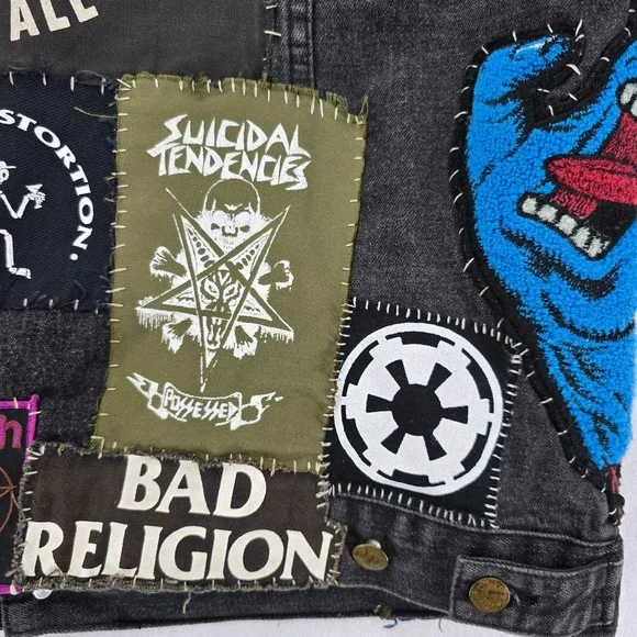 Punk Rock Vest Mens XXL Black Denim Patched Sleeveless Jacket Custom Patches - Picture 11 of 16